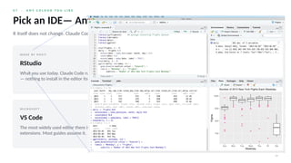 0 7 · A N Y C O L O U R Y O U L I K E
14
Pick an IDE— Any One
R itself does not change. Claude Code calls Rscript with the R and the packages you already have.
M A D E B Y P O S I T
RStudio
What you use today. Claude Code runs in the Terminal pane
— nothing to install in the editor itself.
M A D E B Y P O S I T · R E C O M M E N D E D
Positron
RStudio’s successor from the same company: same panes,
same feel, plus VS Code extensions — including Claude
Code.
M I C R O S O F T
VS Code
The most widely used editor there is. R and Quarto via two
extensions. Most guides assume it.
N O E D I T O R
Just a terminal
Claude Code and Rscript, nothing else. Works — which
shows the editor is a convenience, not a requirement.
 