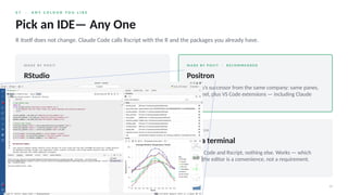 0 7 · A N Y C O L O U R Y O U L I K E
14
Pick an IDE— Any One
R itself does not change. Claude Code calls Rscript with the R and the packages you already have.
M A D E B Y P O S I T
RStudio
What you use today. Claude Code runs in the Terminal pane
— nothing to install in the editor itself.
M A D E B Y P O S I T · R E C O M M E N D E D
Positron
RStudio’s successor from the same company: same panes,
same feel, plus VS Code extensions — including Claude
Code.
M I C R O S O F T
VS Code
The most widely used editor there is. R and Quarto via two
extensions. Most guides assume it.
N O E D I T O R
Just a terminal
Claude Code and Rscript, nothing else. Works — which
shows the editor is a convenience, not a requirement.
 