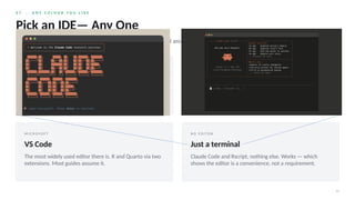 0 7 · A N Y C O L O U R Y O U L I K E
14
Pick an IDE— Any One
R itself does not change. Claude Code calls Rscript with the R and the packages you already have.
M A D E B Y P O S I T
RStudio
What you use today. Claude Code runs in the Terminal pane
— nothing to install in the editor itself.
M A D E B Y P O S I T · R E C O M M E N D E D
Positron
RStudio’s successor from the same company: same panes,
same feel, plus VS Code extensions — including Claude
Code.
M I C R O S O F T
VS Code
The most widely used editor there is. R and Quarto via two
extensions. Most guides assume it.
N O E D I T O R
Just a terminal
Claude Code and Rscript, nothing else. Works — which
shows the editor is a convenience, not a requirement.
 