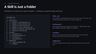 1 0 · B R A I N D A M A G E
29
A Skill Is Just a Folder
Markdown, R scripts and a report template — nothing you could not open and read
validate-he/
├── SKILL.md
├── references/
│ ├── module-1-transparency.md
│ ├── module-2-face-validity.md
│ ├── module-3-verification.md
│ ├── module-4-cross-validation.md
│ ├── module-5-external-validation.md
│ └── checklist-routing.md
├── scripts/
│ ├── invariants.R
│ ├── blackbox_harness.R
│ ├── inventory.R
│ └── env_manifest.R
└── templates/
├── report_template.md
└── prompts/
SKILL.md
The workflow, in plain English: what to do, in which order, with what. This
is what Claude Code reads when you type /validate-he.
references/
The checklists and the protocol for each module — ISPOR-SMDM, TECH-
VER, AdViSHE, CDA-AMC, CHEERS, as markdown.
scripts/
Base R. The invariant checks, the perturbation harness, the function
inventory. Run inside a scratch copy of your model.
templates/
The Quarto skeleton for the report, and the prompts for each reviewer
role.
 