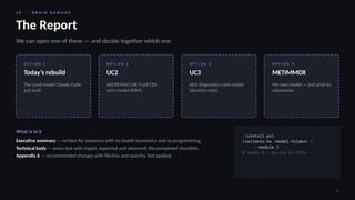 1 0 · B R A I N D A M A G E
30
The Report
We can open one of these — and decide together which one
O P T I O N 1
Today’s rebuild
The Lund model Claude Code
just built
O P T I O N 2
UC2
ASCERTAIN CAR T-cell CEA
core model (PSM)
O P T I O N 3
UC3
NGS diagnostics core model
(decision tree)
O P T I O N 4
METIMMOX
My own model — just prior to
submission
What is in it
Executive summary — written for someone with no health economics and no programming
Technical body — every test with inputs, expected and observed; the completed checklists
Appendix A — recommended changes with file:line and severity. Not applied.
.install.ps1
/validate-he <model-folder> 
--module 3
# needs R + Quarto on PATH
 