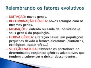  MUTAÇÃO: novos genes.
 RECOMBINAÇÃO GÊNICA: novos arranjos com os
mesmos genes.
 MIGRAÇÕES: entrada ou saída de indivíduos (e
seus genes) da população.
 DERIVA GÊNICA: alteração casual em populações
pequenas devido a fatores aleatórios (climáticos,
ecológicos, catástrofes...)
 SELEÇÃO NATURAL:favorece os portadores de
determinados conjuntos gênicos adaptativos que
tendem a sobreviver e deixar descendentes.
 