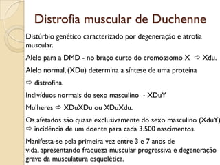 Distrofia muscular de Duchenne
Distúrbio genético caracterizado por degeneração e atrofia
muscular.
Alelo para a DMD - no braço curto do cromossomo X  Xdu.
Alelo normal, (XDu) determina a síntese de uma proteína
 distrofina.
Indivíduos normais do sexo masculino - XDuY
Mulheres  XDuXDu ou XDuXdu.
Os afetados são quase exclusivamente do sexo masculino (XduY)
 incidência de um doente para cada 3.500 nascimentos.
Manifesta-se pela primeira vez entre 3 e 7 anos de
vida, apresentando fraqueza muscular progressiva e degeneração
grave da musculatura esquelética.
 