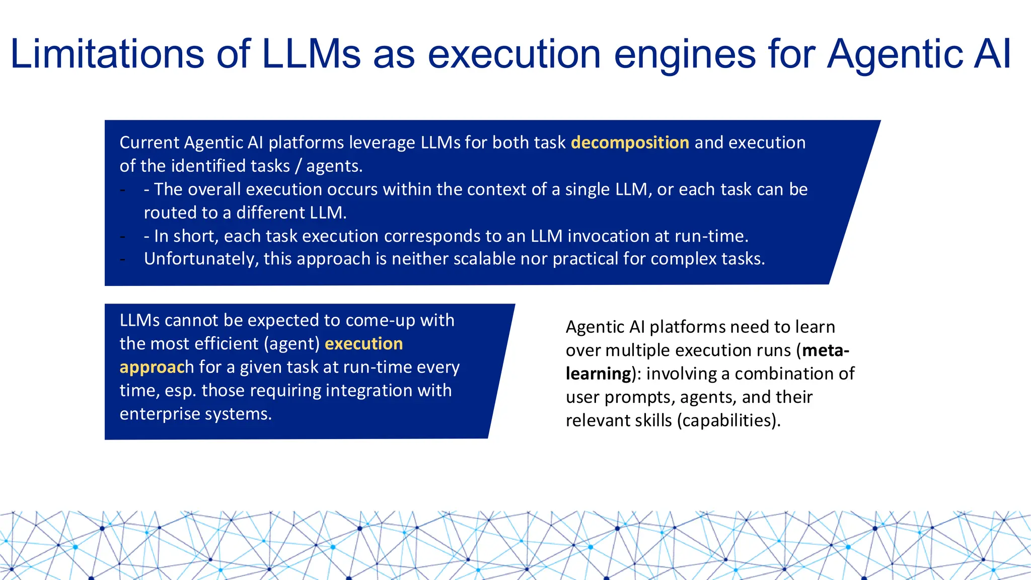 Limitations of LLMs as execution engines for Agentic AI
Current Agentic AI platforms leverage LLMs for both task decomposition and execution
of the identified tasks / agents.
- - The overall execution occurs within the context of a single LLM, or each task can be
routed to a different LLM.
- - In short, each task execution corresponds to an LLM invocation at run-time.
- Unfortunately, this approach is neither scalable nor practical for complex tasks.
LLMs cannot be expected to come-up with
the most efficient (agent) execution
approach for a given task at run-time every
time, esp. those requiring integration with
enterprise systems.
Agentic AI platforms need to learn
over multiple execution runs (meta-
learning): involving a combination of
user prompts, agents, and their
relevant skills (capabilities).
 