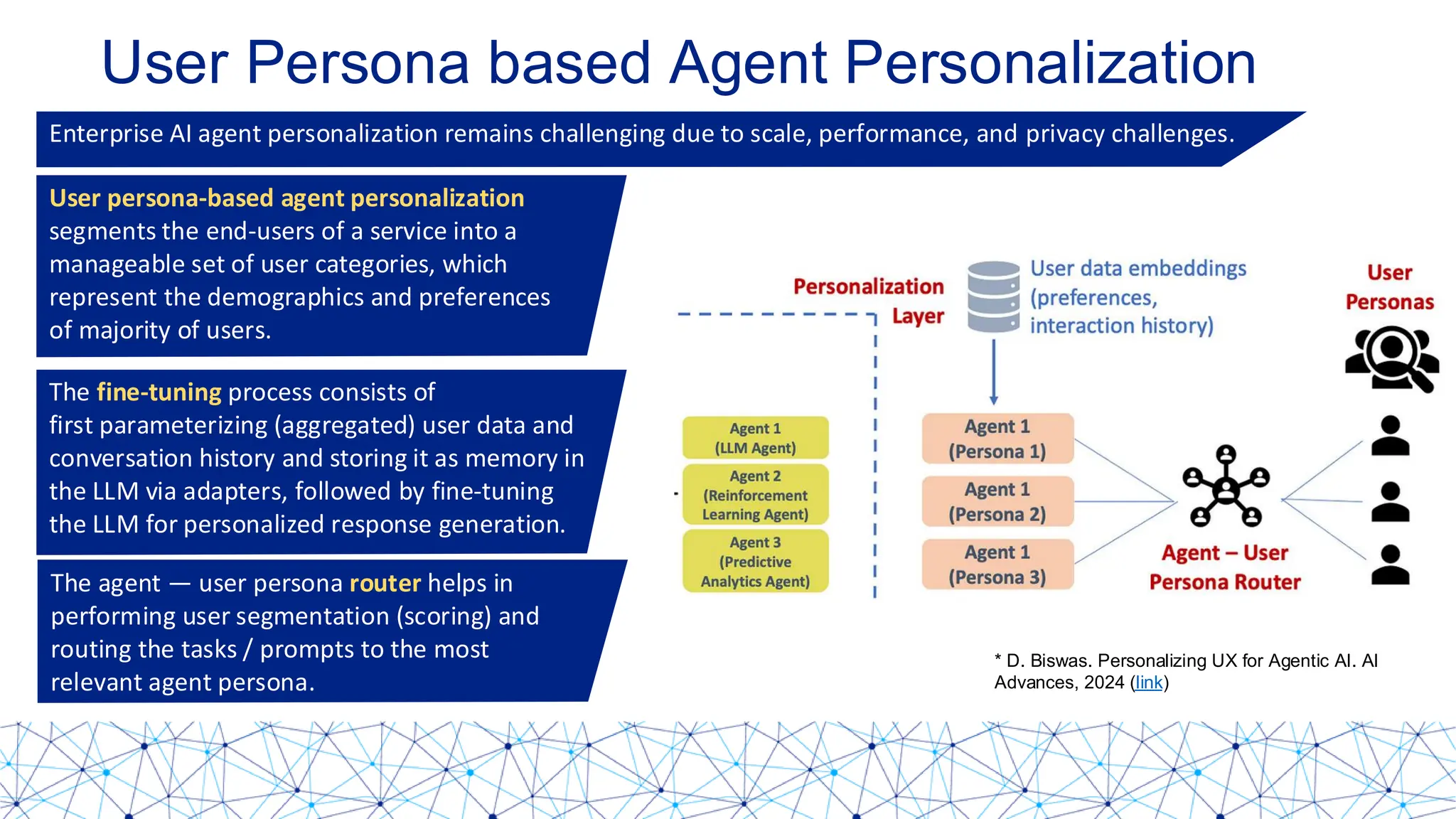 User Persona based Agent Personalization
Enterprise AI agent personalization remains challenging due to scale, performance, and privacy challenges.
* D. Biswas. Personalizing UX for Agentic AI. AI Advances, 2024 (link)
* D. Biswas. Personalizing UX for Agentic AI. AI
Advances, 2024 (link)
User persona-based agent personalization
segments the end-users of a service into a
manageable set of user categories, which
represent the demographics and preferences
of majority of users.
The fine-tuning process consists of
first parameterizing (aggregated) user data and
conversation history and storing it as memory in
the LLM via adapters, followed by fine-tuning
the LLM for personalized response generation.
The agent — user persona router helps in
performing user segmentation (scoring) and
routing the tasks / prompts to the most
relevant agent persona.
 