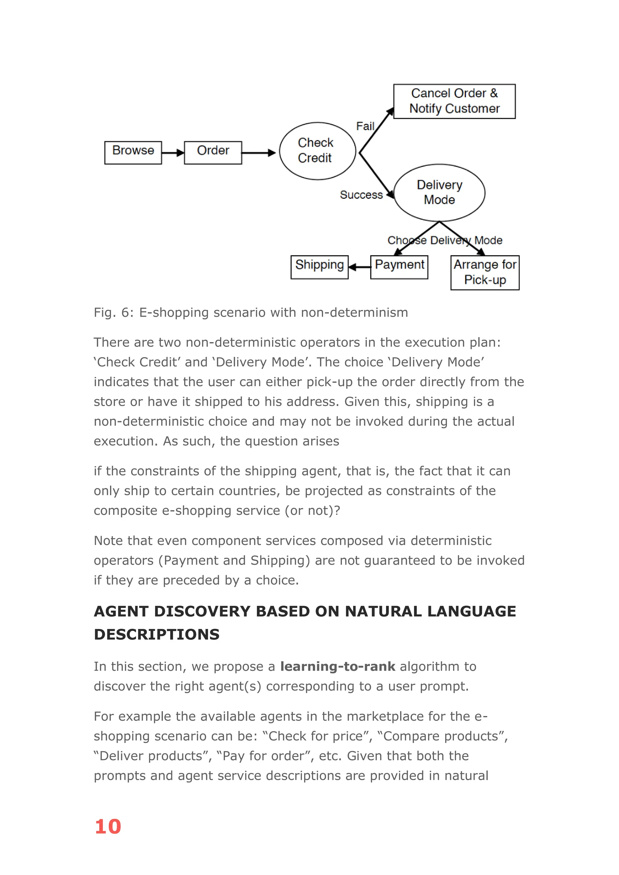 10
Fig. 6: E-shopping scenario with non-determinism
There are two non-deterministic operators in the execution plan:
‘Check Credit’ and ‘Delivery Mode’. The choice ‘Delivery Mode’
indicates that the user can either pick-up the order directly from the
store or have it shipped to his address. Given this, shipping is a
non-deterministic choice and may not be invoked during the actual
execution. As such, the question arises
if the constraints of the shipping agent, that is, the fact that it can
only ship to certain countries, be projected as constraints of the
composite e-shopping service (or not)?
Note that even component services composed via deterministic
operators (Payment and Shipping) are not guaranteed to be invoked
if they are preceded by a choice.
AGENT DISCOVERY BASED ON NATURAL LANGUAGE
DESCRIPTIONS
In this section, we propose a learning-to-rank algorithm to
discover the right agent(s) corresponding to a user prompt.
For example the available agents in the marketplace for the e-
shopping scenario can be: “Check for price”, “Compare products”,
“Deliver products”, “Pay for order”, etc. Given that both the
prompts and agent service descriptions are provided in natural
 