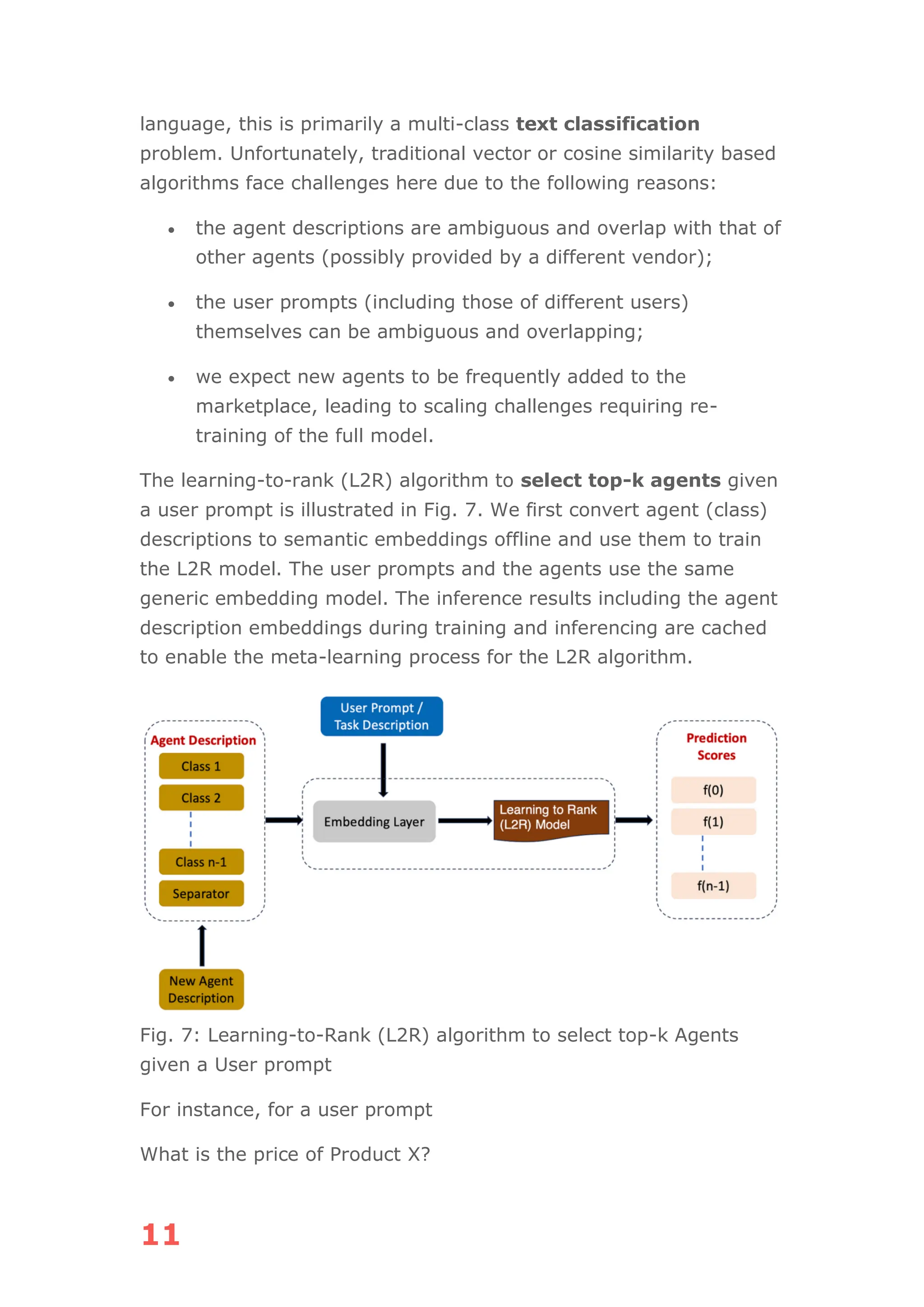 11
language, this is primarily a multi-class text classification
problem. Unfortunately, traditional vector or cosine similarity based
algorithms face challenges here due to the following reasons:
• the agent descriptions are ambiguous and overlap with that of
other agents (possibly provided by a different vendor);
• the user prompts (including those of different users)
themselves can be ambiguous and overlapping;
• we expect new agents to be frequently added to the
marketplace, leading to scaling challenges requiring re-
training of the full model.
The learning-to-rank (L2R) algorithm to select top-k agents given
a user prompt is illustrated in Fig. 7. We first convert agent (class)
descriptions to semantic embeddings offline and use them to train
the L2R model. The user prompts and the agents use the same
generic embedding model. The inference results including the agent
description embeddings during training and inferencing are cached
to enable the meta-learning process for the L2R algorithm.
Fig. 7: Learning-to-Rank (L2R) algorithm to select top-k Agents
given a User prompt
For instance, for a user prompt
What is the price of Product X?
 