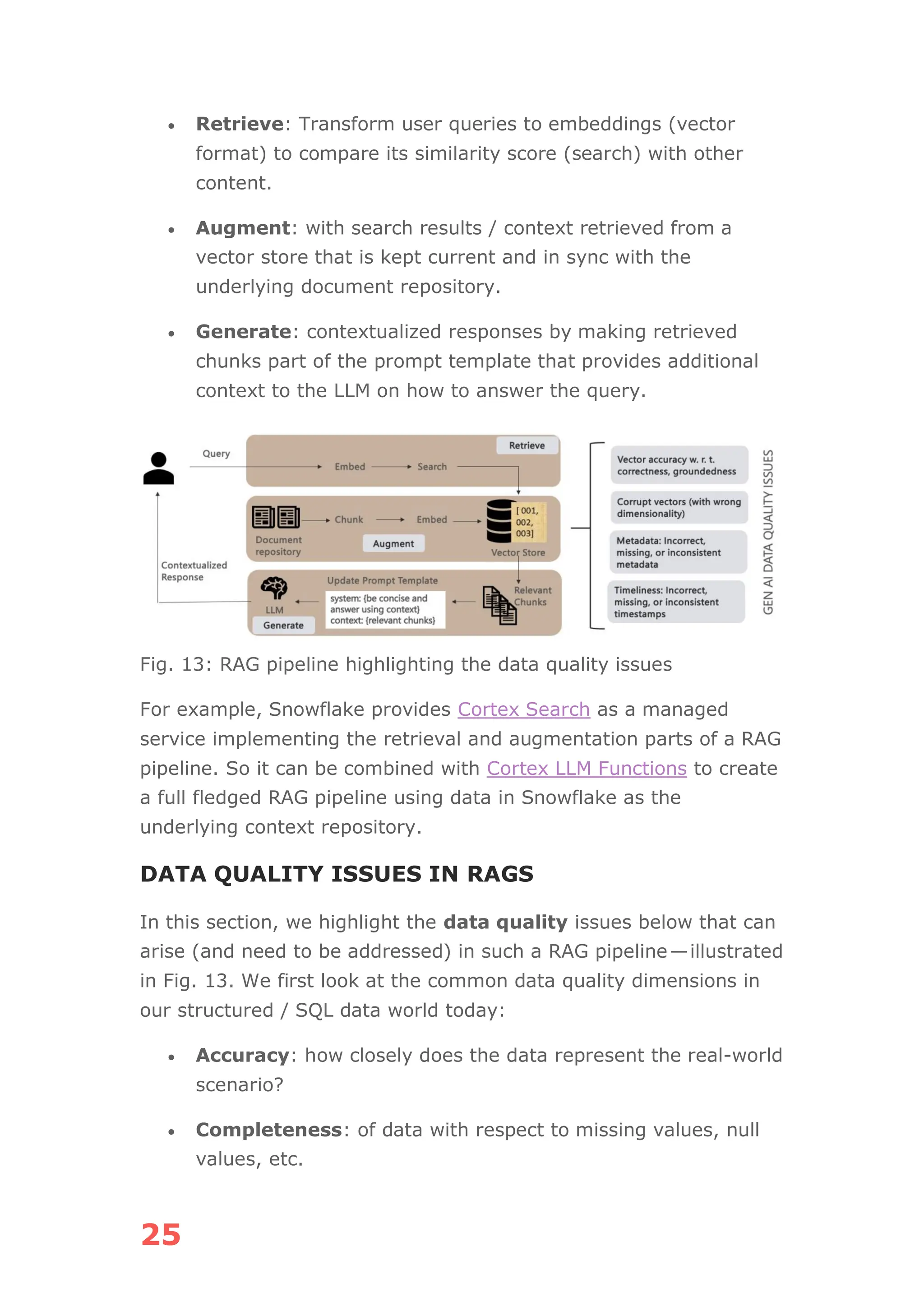25
• Retrieve: Transform user queries to embeddings (vector
format) to compare its similarity score (search) with other
content.
• Augment: with search results / context retrieved from a
vector store that is kept current and in sync with the
underlying document repository.
• Generate: contextualized responses by making retrieved
chunks part of the prompt template that provides additional
context to the LLM on how to answer the query.
Fig. 13: RAG pipeline highlighting the data quality issues
For example, Snowflake provides Cortex Search as a managed
service implementing the retrieval and augmentation parts of a RAG
pipeline. So it can be combined with Cortex LLM Functions to create
a full fledged RAG pipeline using data in Snowflake as the
underlying context repository.
DATA QUALITY ISSUES IN RAGS
In this section, we highlight the data quality issues below that can
arise (and need to be addressed) in such a RAG pipeline—illustrated
in Fig. 13. We first look at the common data quality dimensions in
our structured / SQL data world today:
• Accuracy: how closely does the data represent the real-world
scenario?
• Completeness: of data with respect to missing values, null
values, etc.
 