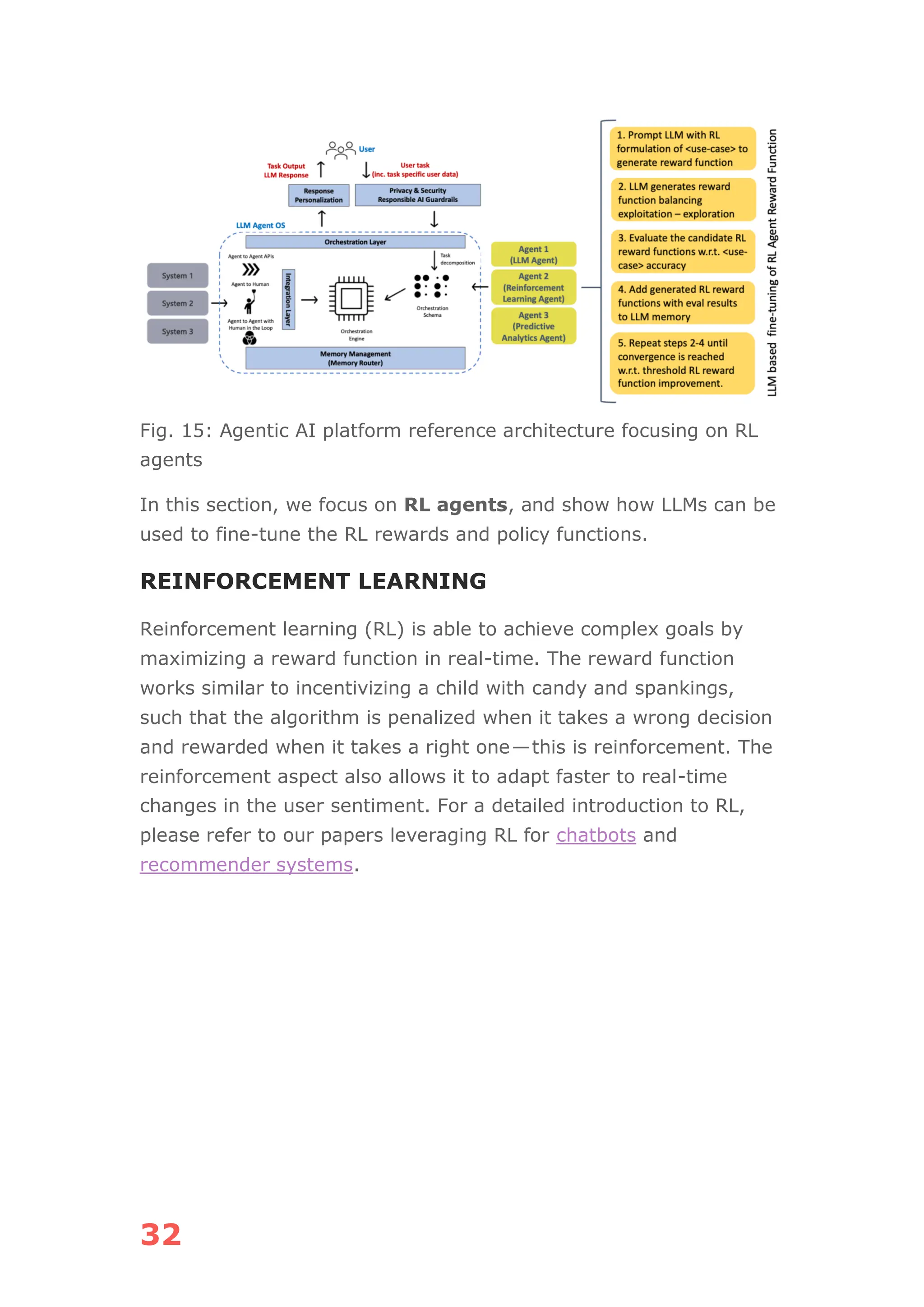 32
Fig. 15: Agentic AI platform reference architecture focusing on RL
agents
In this section, we focus on RL agents, and show how LLMs can be
used to fine-tune the RL rewards and policy functions.
REINFORCEMENT LEARNING
Reinforcement learning (RL) is able to achieve complex goals by
maximizing a reward function in real-time. The reward function
works similar to incentivizing a child with candy and spankings,
such that the algorithm is penalized when it takes a wrong decision
and rewarded when it takes a right one—this is reinforcement. The
reinforcement aspect also allows it to adapt faster to real-time
changes in the user sentiment. For a detailed introduction to RL,
please refer to our papers leveraging RL for chatbots and
recommender systems.
 