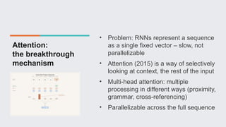 Attention:
the breakthrough
mechanism
• Problem: RNNs represent a sequence
as a single fixed vector – slow, not
parallelizable
• Attention (2015) is a way of selectively
looking at context, the rest of the input
• Multi-head attention: multiple
processing in different ways (proximity,
grammar, cross-referencing)
• Parallelizable across the full sequence
 