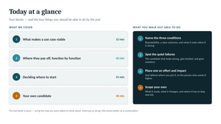 Today at a glance
Four blocks — and the four things you should be able to do by the end
WHAT WE COVER WHAT YOU WALK OUT ABLE TO DO
1 What makes a use case viable 15 min
2 Where they pay off, function by function 40 min
3 Deciding where to start 15 min
4 Your own candidate 30 min
1 Name the three conditions
Repeatability, a clear outcome, and what it costs when it
is wrong.
2 Spot the quiet failures
The candidate that looks strong, gets funded, and goes
nowhere.
3 Place one on effort and impact
And defend where you put it, to the person who wants it
higher.
4 Scope your own
What it reads, what it changes, and where it has to stop
and ask.
The last block is yours — bring the task you were asked to think about. Interrupt as we go; this works better as a conversation.
 