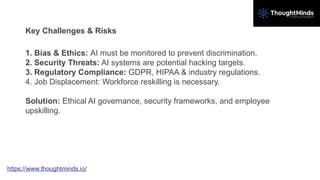Key Challenges & Risks
1. Bias & Ethics: AI must be monitored to prevent discrimination.
2. Security Threats: AI systems are potential hacking targets.
3. Regulatory Compliance: GDPR, HIPAA & industry regulations.
4. Job Displacement: Workforce reskilling is necessary.
Solution: Ethical AI governance, security frameworks, and employee
upskilling.
https://www.thoughtminds.io/
 