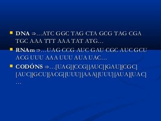  DNADNA …ATC GGC TAG CTA GCG TAG CGA⇒…ATC GGC TAG CTA GCG TAG CGA⇒
TGC AAA TTT AAA TAT ATG…TGC AAA TTT AAA TAT ATG…
 RNAmRNAm …UAG CCG AUC GAU CGC AUC GCU⇒…UAG CCG AUC GAU CGC AUC GCU⇒
ACG UUU AAA UUU AUA UAC…ACG UUU AAA UUU AUA UAC…
 CODÓNSCODÓNS …[UAG][CCG][AUC][GAU][CGC]⇒…[UAG][CCG][AUC][GAU][CGC]⇒
[AUC][GCU][ACG][UUU][AAA][UUU][AUA][UAC][AUC][GCU][ACG][UUU][AAA][UUU][AUA][UAC]
……
 