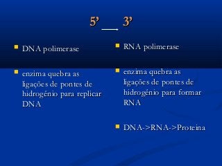 5’ 3’5’ 3’
 DNA polimeraseDNA polimerase
 enzima quebra asenzima quebra as
ligações de pontes deligações de pontes de
hidrogênio para replicarhidrogênio para replicar
DNADNA
 RNA polimeraseRNA polimerase
 enzima quebra asenzima quebra as
ligações de pontes deligações de pontes de
hidrogênio para formarhidrogênio para formar
RNARNA
 DNA->RNA->ProteinaDNA->RNA->Proteina
 
