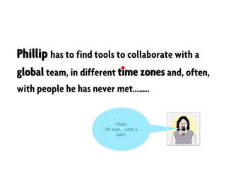 Phillip has to find tools to collaborate with a
global team, in different time zones and, often,
with people he has never met……..
Yikes!
Oh man… what a
pain!
 