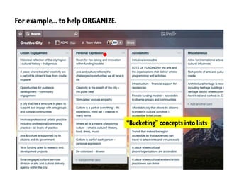 For example… to help ORGANIZE.
“Bucketing” concepts into lists
 