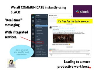 We all COMMUNICATE instantly using
SLACK
Leading to a more
productive workforce.
“Real-time”
messaging
With integrated
services.
It’s free for the basic account
Saves on email
and great for quick
coordination.
 