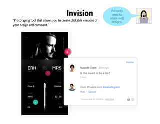 Invision Primarily
used to
share web
designs.“Prototyping tool that allows you to create clickable versions of
your design and comment.”
 