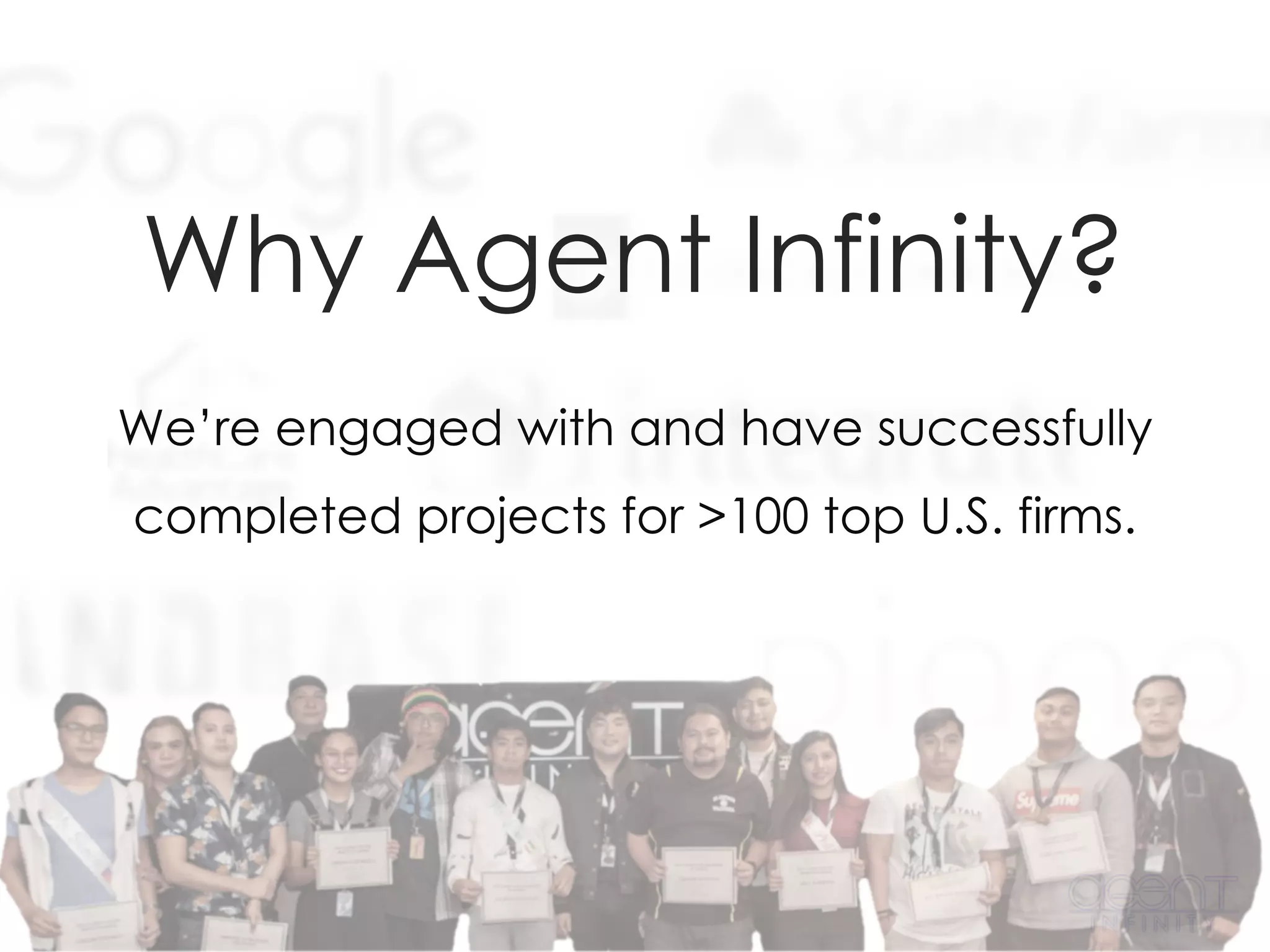 We’re engaged with and have successfully
completed projects for >100 top U.S. firms.
Why Agent Infinity?
 