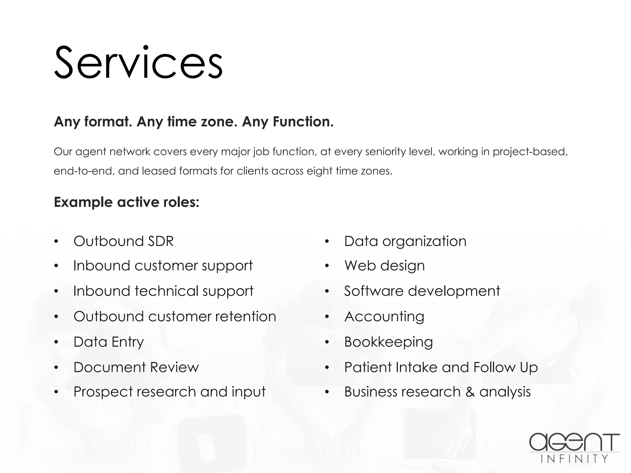 Services
• Outbound SDR
• Inbound customer support
• Inbound technical support
• Outbound customer retention
• Data Entry
• Document Review
• Prospect research and input
• Data organization
• Web design
• Software development
• Accounting
• Bookkeeping
• Patient Intake and Follow Up
• Business research & analysis
Any format. Any time zone. Any Function.
Our agent network covers every major job function, at every seniority level, working in project-based,
end-to-end, and leased formats for clients across eight time zones.
Example active roles:
 