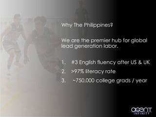 Why The Philippines?
We are the premier hub for global
lead generation labor.
1. #3 English fluency after US & UK
2. >97% literacy rate
3. ~750,000 college grads / year
 