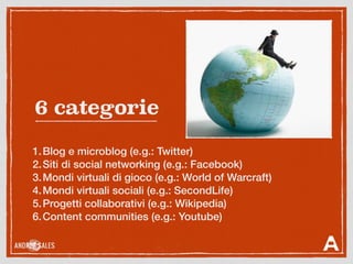 6 categorie
1.Blog e microblog (e.g.: Twitter)
2.Siti di social networking (e.g.: Facebook)
3.Mondi virtuali di gioco (e.g.: World of Warcraft)
4.Mondi virtuali sociali (e.g.: SecondLife)
5.Progetti collaborativi (e.g.: Wikipedia)
6.Content communities (e.g.: Youtube)
 