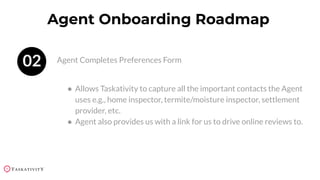 02 Agent Completes Preferences Form
Agent Onboarding Roadmap
● Allows Taskativity to capture all the important contacts the Agent
uses e.g., home inspector, termite/moisture inspector, settlement
provider, etc.
● Agent also provides us with a link for us to drive online reviews to.
 