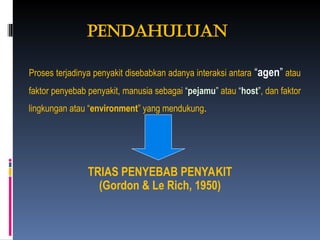 PENDAHULUAN
Proses terjadinya penyakit disebabkan adanya interaksi antara “agen” atau
faktor penyebab penyakit, manusia sebagai “pejamu” atau “host”, dan faktor
lingkungan atau “environment” yang mendukung.
TRIAS PENYEBAB PENYAKIT
(Gordon & Le Rich, 1950)
 