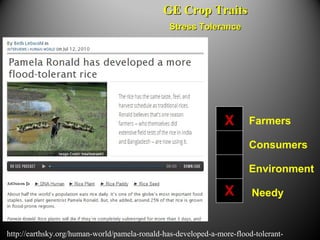 X
X
Farmers
Consumers
Environment
Needy
Stress ToleranceStress Tolerance
GE Crop TraitsGE Crop Traits
http://earthsky.org/...