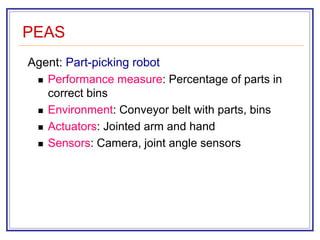 PEAS
Agent: Part-picking robot
 Performance measure: Percentage of parts in
correct bins
 Environment: Conveyor belt with parts, bins
 Actuators: Jointed arm and hand
 Sensors: Camera, joint angle sensors
 