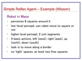 Simple Reflex Agent – Example (Nilsson)
Robot in Maze
• perceives 8 squares around it
• low-level percept: can robot move to square or
not
• higher level percept: 2 unit segments
• 4 basic actions: left (west), right (east), up
(north), down (south)
• task is to move along a border
• no 'tight' spaces, at least two free squares
 