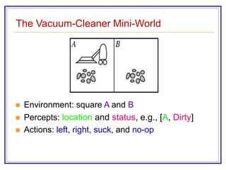 The Vacuum-Cleaner Mini-World
 Environment: square A and B
 Percepts: location and status, e.g., [A, Dirty]
 Actions: left, right, suck, and no-op
 