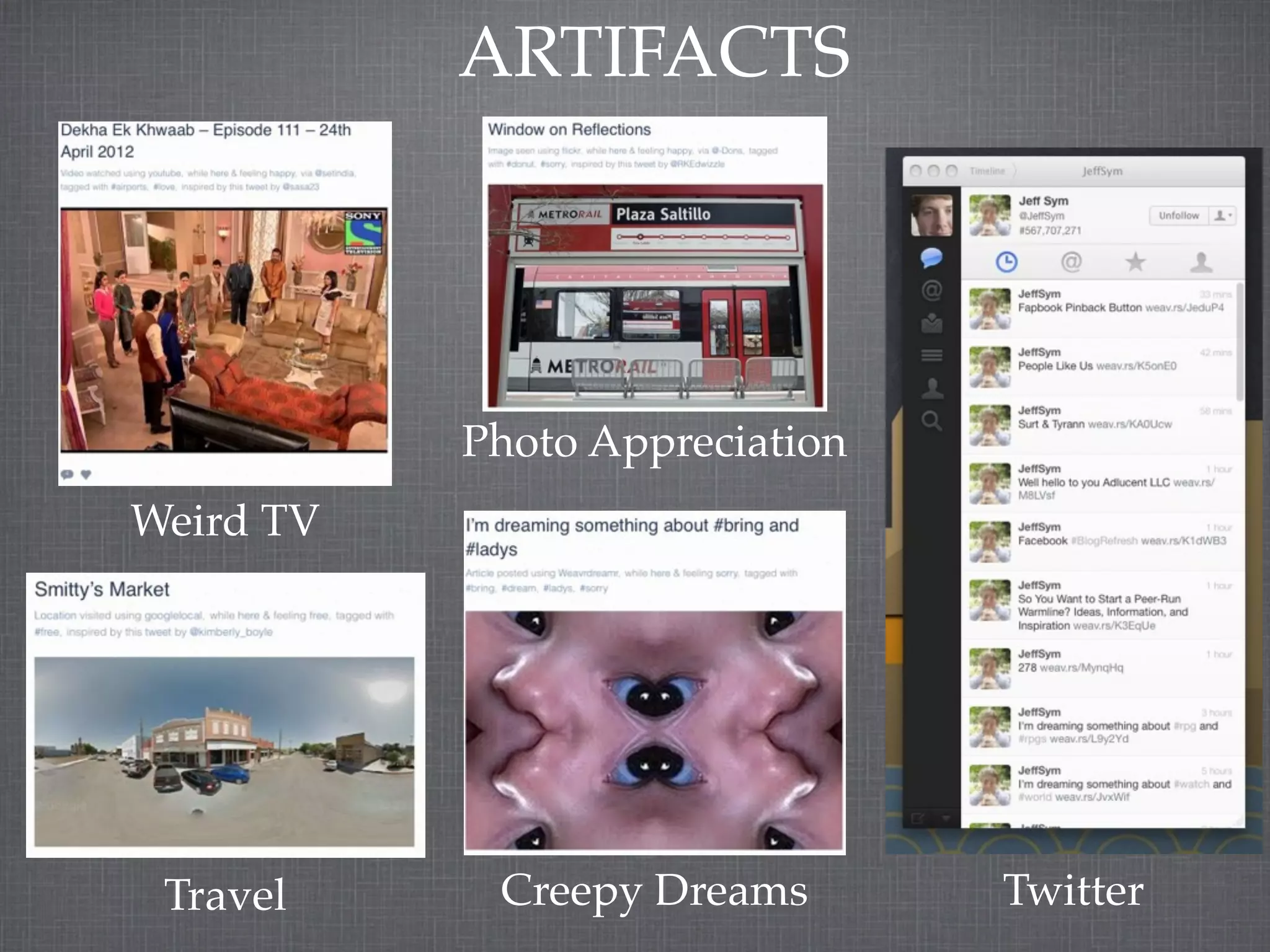 ARTIFACTS




           Photo Appreciation
Weird TV




 Travel     Creepy Dreams       Twitter
 