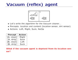 Vacuum (reﬂex) agent
A B
• Let’s write the algorithm for the Vacuum cleaner...
• Percepts: location and content (location sensor, dirt sensor).
• Actions: Left, Right, Suck, NoOp
Percept Action
[A, clean] Right
[A, dirty] Suck
[B, clean] Left
[B, dirty] Suck
What if the vacuum agent is deprived from its location sen-
sor?
 