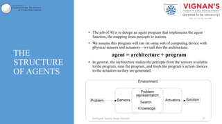 THE
STRUCTURE
OF AGENTS
• The job of AI is to design an agent program that implements the agent
function, the mapping from percepts to actions.
• We assume this program will run on some sort of computing device with
physical sensors and actuators—we call this the architecture:
agent = architecture + program
• In general, the architecture makes the percepts from the sensors available
to the program, runs the program, and feeds the program’s action choices
to the actuators as they are generated.
25Intelligent Agents |Amar Jukuntla
 