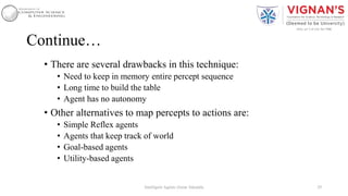 Continue…
• There are several drawbacks in this technique:
• Need to keep in memory entire percept sequence
• Long time to build the table
• Agent has no autonomy
• Other alternatives to map percepts to actions are:
• Simple Reflex agents
• Agents that keep track of world
• Goal-based agents
• Utility-based agents
29Intelligent Agents |Amar Jukuntla
 