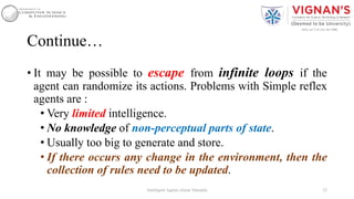Continue…
• It may be possible to escape from infinite loops if the
agent can randomize its actions. Problems with Simple reflex
agents are :
• Very limited intelligence.
• No knowledge of non-perceptual parts of state.
• Usually too big to generate and store.
• If there occurs any change in the environment, then the
collection of rules need to be updated.
32Intelligent Agents |Amar Jukuntla
 