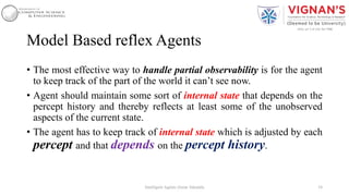Model Based reflex Agents
• The most effective way to handle partial observability is for the agent
to keep track of the part of the world it can’t see now.
• Agent should maintain some sort of internal state that depends on the
percept history and thereby reflects at least some of the unobserved
aspects of the current state.
• The agent has to keep track of internal state which is adjusted by each
percept and that depends on the percept history.
34Intelligent Agents |Amar Jukuntla
 