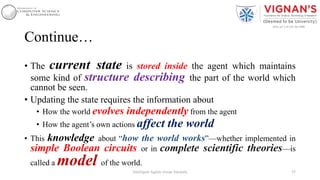 Continue…
• The current state is stored inside the agent which maintains
some kind of structure describing the part of the world which
cannot be seen.
• Updating the state requires the information about
• How the world evolves independently from the agent
• How the agent’s own actions affect the world
• This knowledge about “how the world works”—whether implemented in
simple Boolean circuits or in complete scientific theories—is
called a model of the world.
35Intelligent Agents |Amar Jukuntla
 