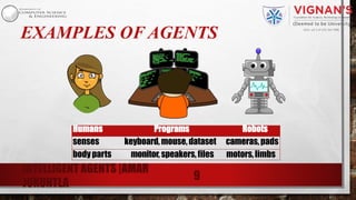 EXAMPLES OF AGENTS
Humans Programs Robots
senses keyboard, mouse,dataset cameras, pads
body parts monitor, speakers, files motors,limbs
9
INTELLIGENT AGENTS |AMAR
JUKUNTLA
 