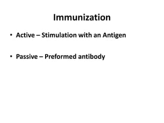 Immunization
• Active – Stimulation with an Antigen
• Passive – Preformed antibody
 