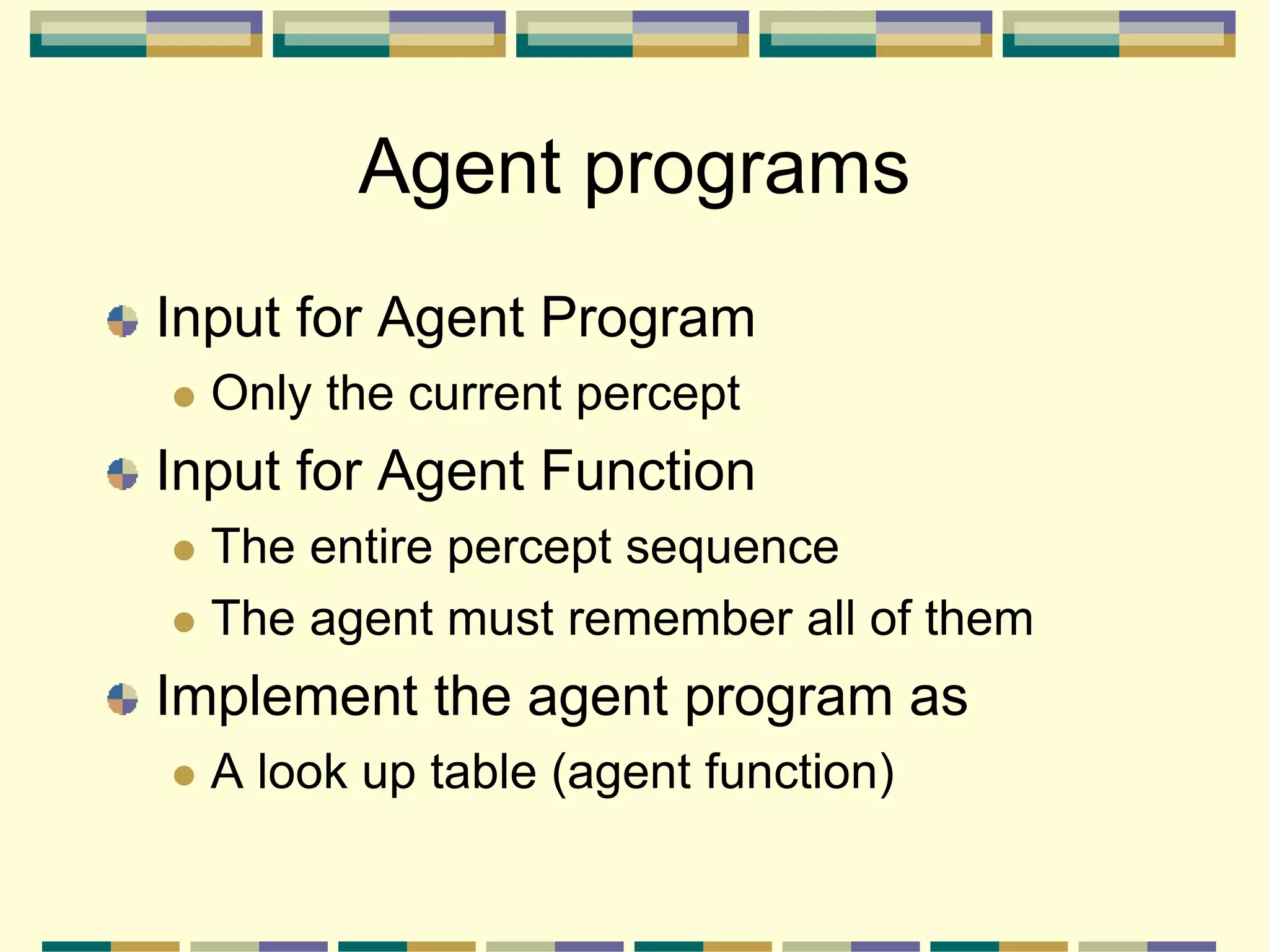 Agent programs
Input for Agent Program
 Only the current percept
Input for Agent Function
 The entire percept sequence
 The agent must remember all of them
Implement the agent program as
 A look up table (agent function)
 