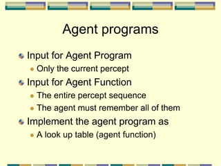 Agent programs
Input for Agent Program
 Only the current percept
Input for Agent Function
 The entire percept sequence
 The agent must remember all of them
Implement the agent program as
 A look up table (agent function)
 