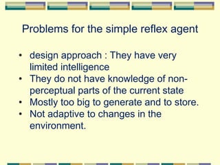 Problems for the simple reflex agent
• design approach : They have very
limited intelligence
• They do not have knowledge of non-
perceptual parts of the current state
• Mostly too big to generate and to store.
• Not adaptive to changes in the
environment.
 