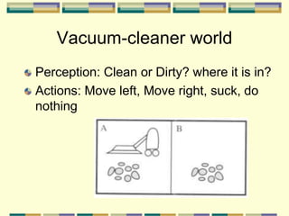 Vacuum-cleaner world
Perception: Clean or Dirty? where it is in?
Actions: Move left, Move right, suck, do
nothing
 