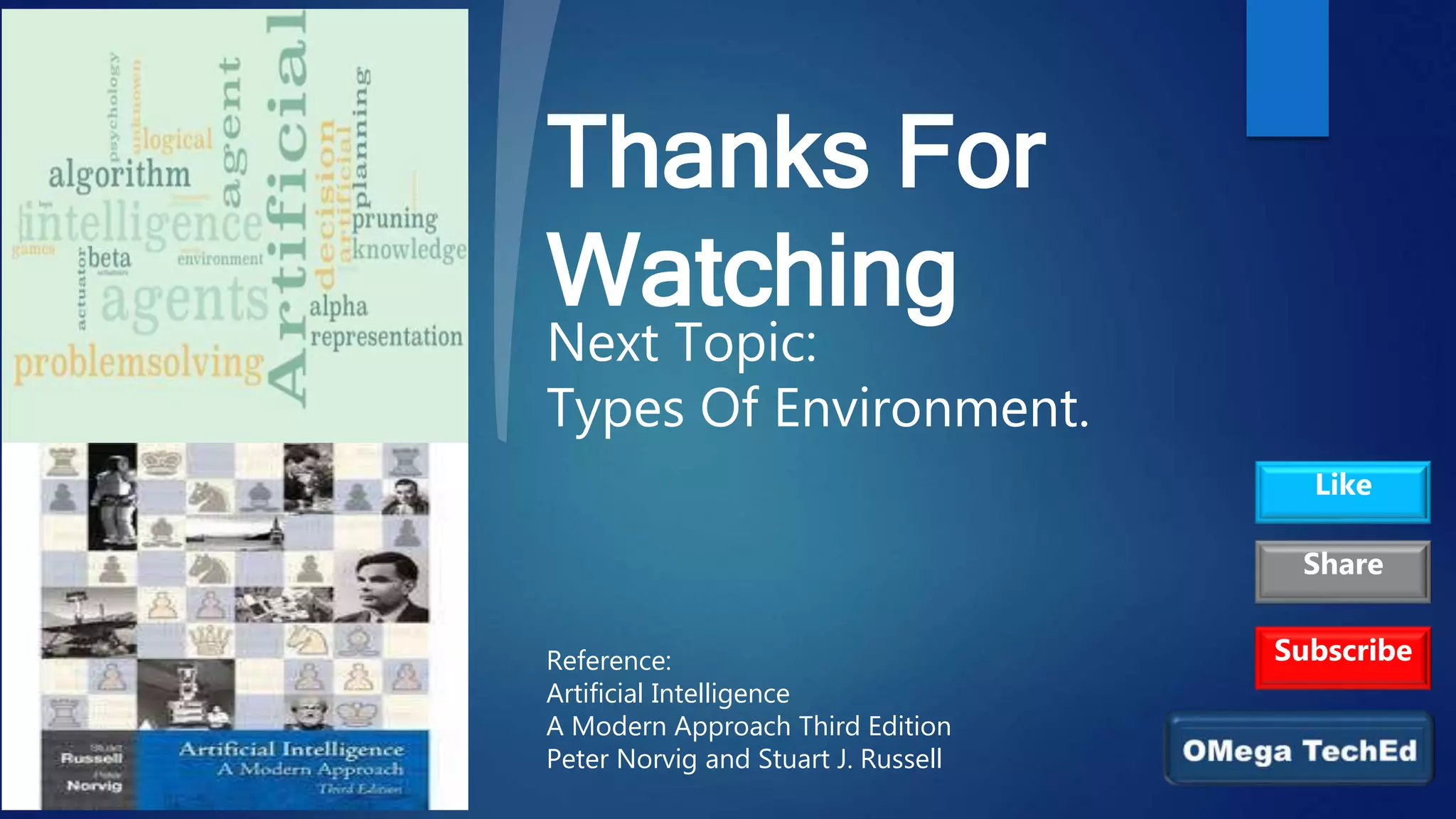Thanks For
Watching
Reference:
Artificial Intelligence
A Modern Approach Third Edition
Peter Norvig and Stuart J. Russell
Next Topic:
Types Of Environment.
Subscribe
Like
Share
 