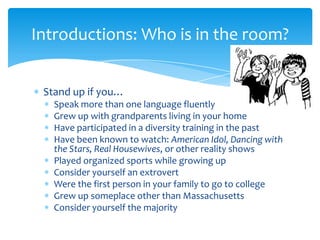 Introductions: Who is in the room?


 Stand up if you…
   Speak more than one language fluently
   Grew up with grandparen...