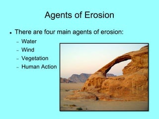 Agents of Erosion
 There are four main agents of erosion:
 Water
 Wind
 Vegetation
 Human Action
 