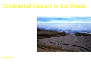 Continental Glaciers or Ice Sheets
• only two true ice sheets exist
today: Greenland and
Antarctica
• where they meet the sea
they can form ice sheets.
• vary in thickness from
hundreds of feet to two miles
deep
• scour away all soil and
vegetation and dramatically
reshape the landscape and
ecology of large regions.
• much change occurs in the
periglacial environment.
Ellesmere Island, Canada
 