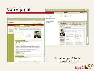 Votre profil Identification Informations commerciales Secteurs d’activités Expériences et réalisation Formation et certification Références Vos activités sur AgentSolo.com …  et un portfolio de vos réalisations…. 